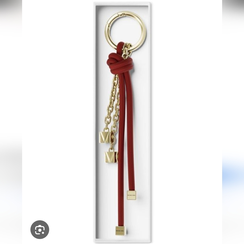 Michael Kors NIB Crimson Red & Gold-Tone Cord Bag Charm/Keychain 11.5in Long
